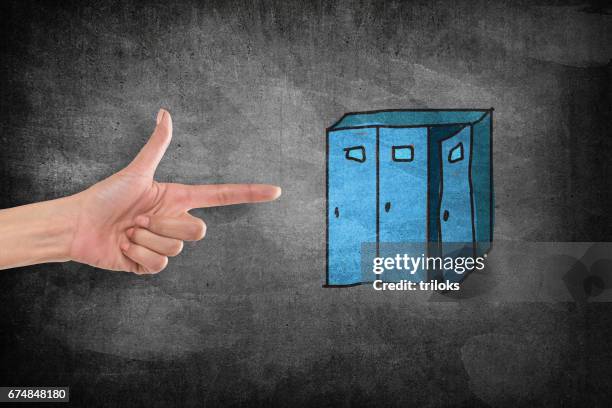 hand pointing at storage cabinet - opening wardrobe stock illustrations