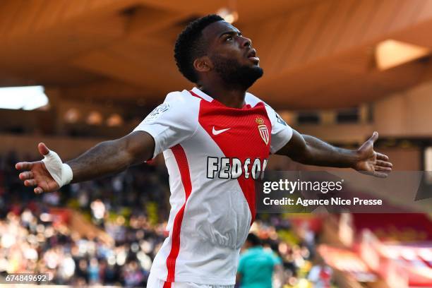 Joy of Thomas Lemar of Monaco during the French Ligue 1 match between Monaco and Toulouse at Louis II Stadium on April 29, 2017 in Monaco, Monaco.