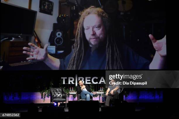 Director Brett Leonard, Jaron Lanier , and Alex Goldman speak during a panel discussing the 25th anniversary of "The Lawnmower Man" at the Tribeca...