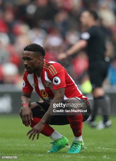 Jermain Defoe of Sunderland reacts during the Premier League match between Sunderland and Bournemouth at Stadium of Light on April 29, 2017 in...