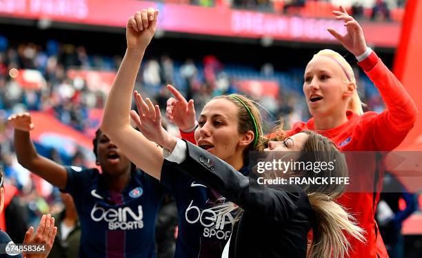 Paris Saint-Germain's French defender Sabrina Delannoy , Paris Saint-Germain's French defender Laure Boulleau and Paris Saint-Germain's Polish...