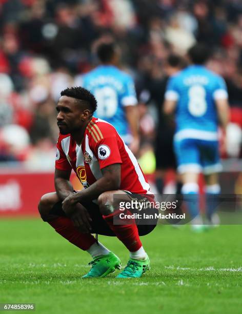 Jermain Defoe of Sunderland reacts during the Premier League match between Sunderland and Bournemouth at Stadium of Light on April 29, 2017 in...