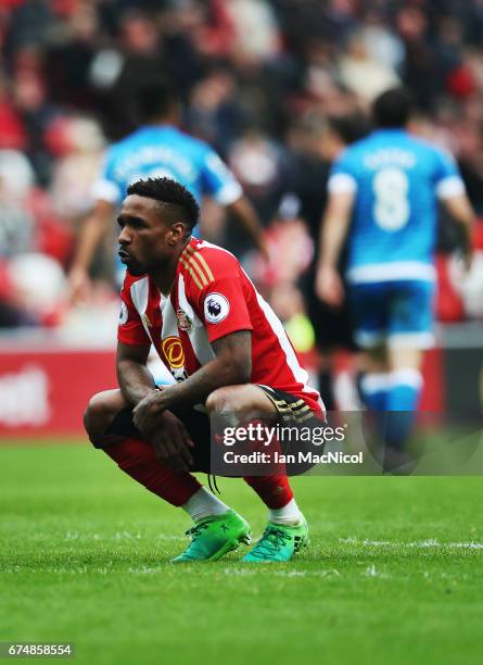 Jermain Defoe of Sunderland reacts during the Premier League match between Sunderland and Bournemouth at Stadium of Light on April 29, 2017 in...