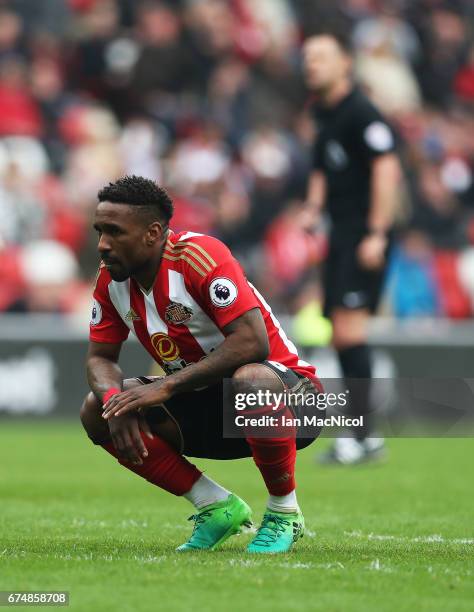 Jermain Defoe of Sunderland reacts during the Premier League match between Sunderland and Bournemouth at Stadium of Light on April 29, 2017 in...