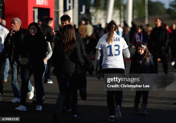 Alex Morgan of Olympique Lyon fan wearing a replica shirt arrives ta the stadiium during the UEFA Women's Champions League Semi Final second leg...