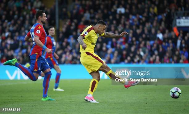 Andre Gray of Burnley scores his team's second goal during the Premier League match between Crystal Palace and Burnley at Selhurst Park on April 29,...