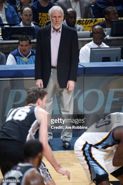 Gregg Popovich of the San Antonio Spurs looks on during the game against the Memphis Grizzlies during Game Six of the Western Conference...