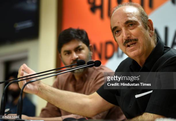 Congress leader Ghulam Nabi Azad addressing a press conference against the Modi government at AICC Headquarters on April 29, 2017 in New Delhi,...