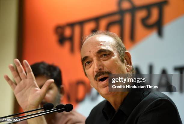 Congress leader Ghulam Nabi Azad addressing a press conference against the Modi government at AICC Headquarters on April 29, 2017 in New Delhi,...