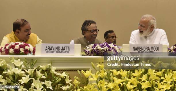 Prime Minister Narendra Modi, BJP MP Ananth Kumar and Arvind Jatti President Basava samithi during the International Basava Convention on April 29,...
