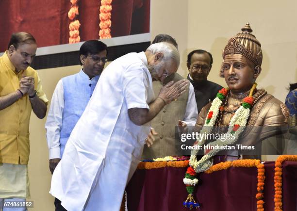 Prime Minister Narendra Modi paying tribute to Swami Basava on the International Basava Convention on April 29, 2017 in New Delhi, India. Prime...