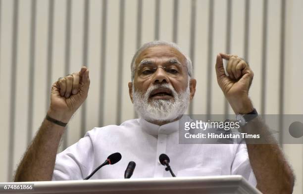 Prime Minister Narendra Modi speaking during the International Basava Convention on April 29, 2017 in New Delhi, India. Prime Minister unveiled...