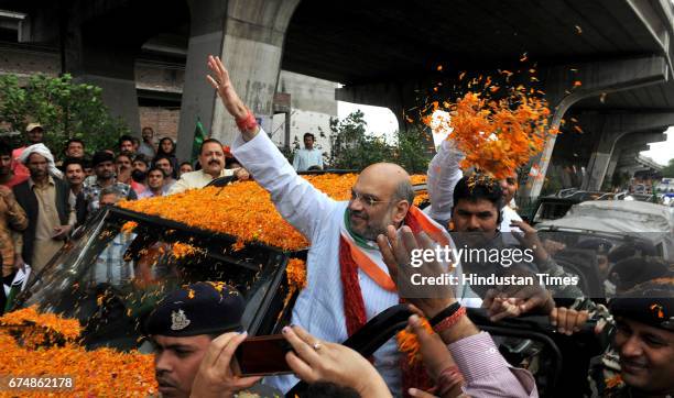 National President Amit Shah arrives for his two day visit to Jammu on April 29, 2017 in Jammu, India. BJP President Amit Shah arrived Jammu and...