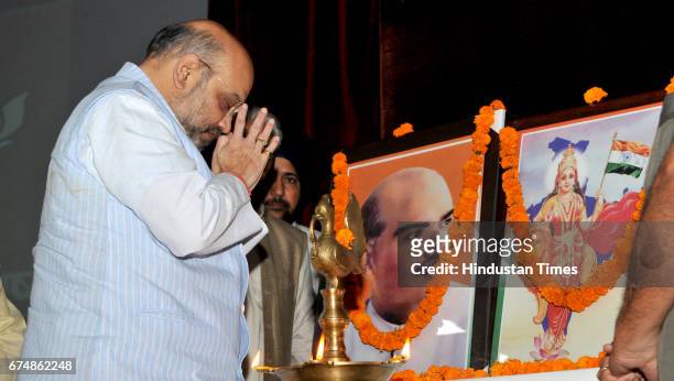 National President Amit Shah pays respect to Shyama Prasad Mukherjee during his two day visit to Jammu on April 29, 2017 in Jammu, India. BJP...