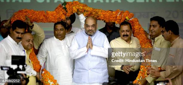 National President Amit Shah during his two day visit to Jammu on April 29, 2017 in Jammu, India. BJP President Amit Shah arrived Jammu and Kashmir...