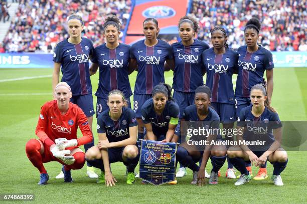 Paris Saint-Germain players pose before the Women's Champions League match between Paris Saint Germain and Barcelona at Parc des Princes on April 29,...