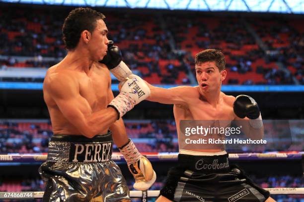 Luke Campbell and Darleys Perez in action during the WBA Leightweight Eliminator bout at Wembley Stadium on April 29, 2017 in London, England.