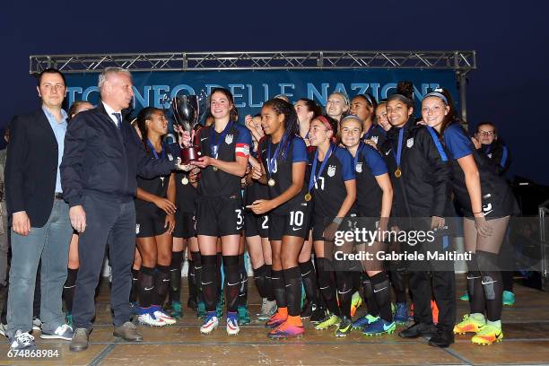 Players celebrate the victory after the 2nd Female Tournament 'Delle Nazioni' final match between Italy U16 and USA U16 on April 29, 2017 in Gradisca...