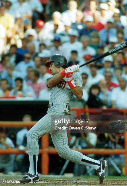 Benito Santiago of the San Diego Padres circa 1989 bats at the 1989 MLB All Star game at the Big A in Anaheim, California.