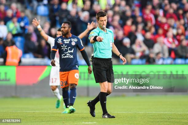 Benoit Bastien Referee means the penalty point during the French Ligue 1 match between Montpellier and Lille at Stade de la Mosson on April 29, 2017...