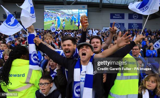 Brighton & Hove Albion fans celebrate promotion during a parade around the pitch following the Sky Bet Championship match at the AMEX Stadium,...