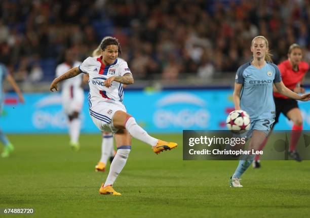 Dzsenifer Marozsan of Olympique Lyon shoots during the UEFA Women's Champions League Semi Final second leg match between Olympique Lyon and...