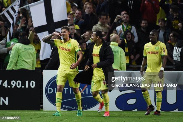 Nantes' Argentinian forward Emiliano Sala celebrates after scoring during the French L1 football match Nantes vs Lorient on April 29, 2017 at the...