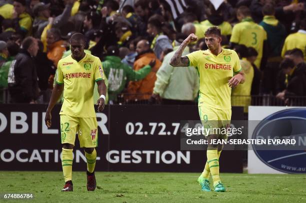 Nantes' Argentinian forward Emiliano Sala celebrates after scoring during the French L1 football match between Nantes and Lorient on April 29, 2017...