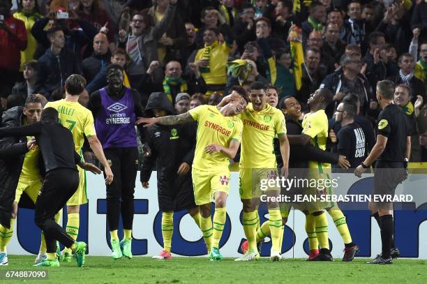 Nantes' Argentinian forward Emiliano Sala celebrates after scoring during the French L1 football match between Nantes and Lorient on April 29, 2017...