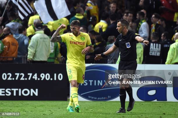 Nantes' Argentinian forward Emiliano Sala celebrates after scoring during the French L1 football match between Nantes and Lorient on April 29, 2017...