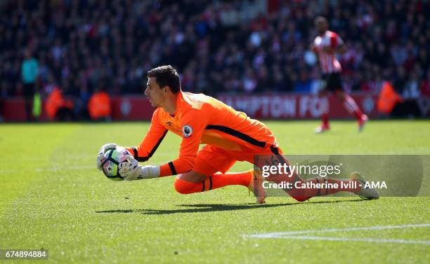 Eldin Jakupovic of Hull City makes a save during the Premier League match between Southampton and Hull City at St Mary's Stadium on April 29, 2017 in...