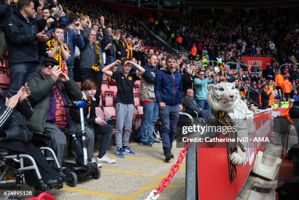 Cuddly soft toy tiger sits in front of the Hull City fans during the Premier League match between Southampton and Hull City at St Mary's Stadium on...