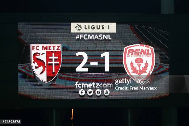 Scores during the French Ligue 1 match between Metz and Nancy at Stade Saint-Symphorien on April 29, 2017 in Metz, France.