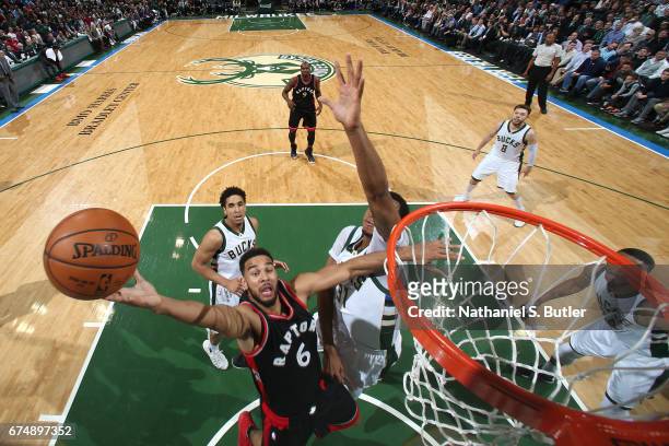 Milwaukee, WI Cory Joseph of the Toronto Raptors goes to the basket against the Milwaukee Bucks during Game Six of the Eastern Conference...