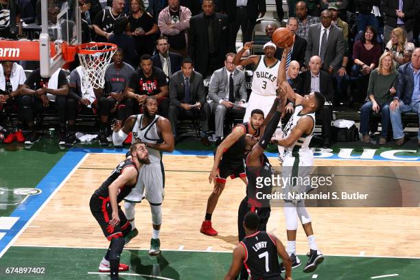 Milwaukee, WI Giannis Antetokounmpo of the Milwaukee Bucks shoots the ball against the Toronto Raptors during Game Six of the Eastern Conference...