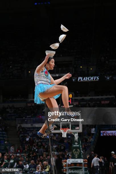 Milwaukee, WI Performer entertains the crowd during halftime between the Milwaukee Bucks and the Toronto Raptors in Game Six of the Eastern...