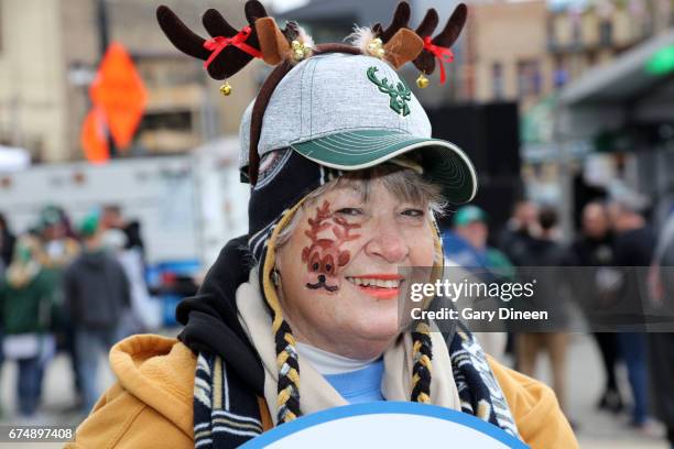 Milwaukee, WI Milwaukee Bucks fan poses for a photo before the game against the Toronto Raptors in Game Six of the Eastern Conference Quarterfinals...