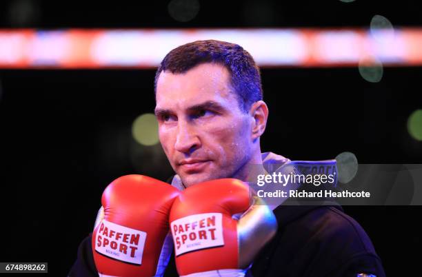 Wladimir Klitschko looks on in the ring prior to his fight against Anthony Joshua for the IBF, WBA and IBO Heavyweight World Title bout at Wembley...