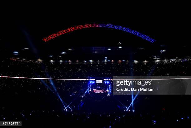 Anthony Joshua makes his entrance prior to his fight against Wladimir Klitschko for the IBF, WBA and IBO Heavyweight World Title bout at Wembley...