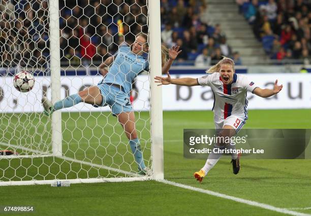 Eugenie Le Sommer of Olympique Lyon celebrates her disallowed goal during the UEFA Women's Champions League Semi Final second leg match between...