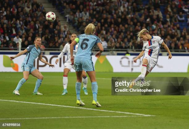 Eugenie Le Sommer of Olympique Lyon heads at goal during the UEFA Women's Champions League Semi Final second leg match between Olympique Lyon and...
