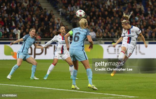 Eugenie Le Sommer of Olympique Lyon heads at goal during the UEFA Women's Champions League Semi Final second leg match between Olympique Lyon and...