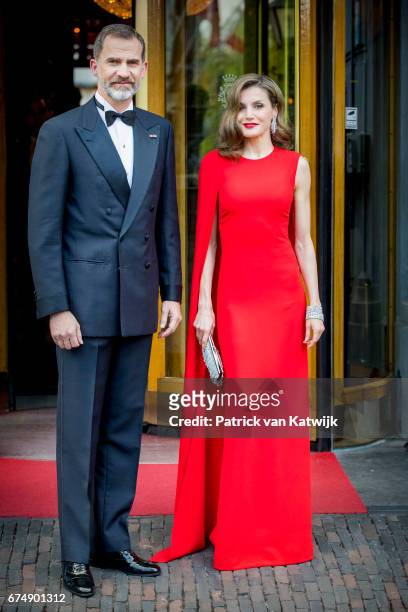 King Felipe of Spain and Queen Letizia of Spain leave their hotel to attend the private birthday party of King Willem-Alexander of The Netherlands in...
