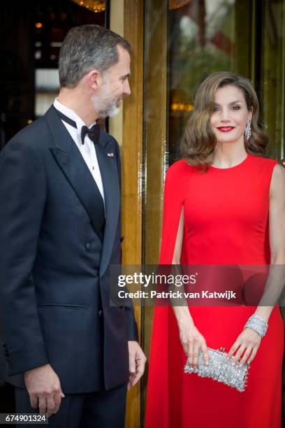 King Felipe of Spain and Queen Letizia of Spain leave their hotel to attend the private birthday party of King Willem-Alexander of The Netherlands in...