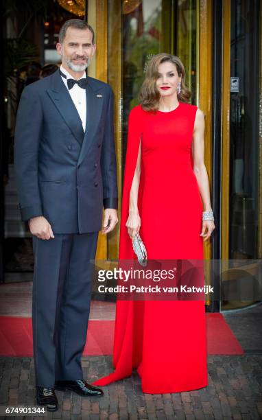 King Felipe of Spain and Queen Letizia of Spain leave their hotel to attend the private birthday party of King Willem-Alexander of The Netherlands in...