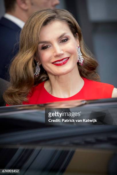 Queen Letizia of Spain leaves their hotel to attend the private birthday party of King Willem-Alexander in the Royal Stables on April 29, 2017 in The...