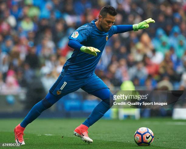 Diego Alves of Valencia in action during the La Liga match between Real Madrid CF and Valencia CF at Estadio Santiago Bernabeu on April 29, 2017 in...