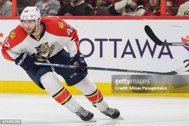 Quinton Howden of the Florida Panthers plays in the game against the Ottawa Senators at Canadian Tire Centre on April 7, 2016 in Ottawa, Ontario,...