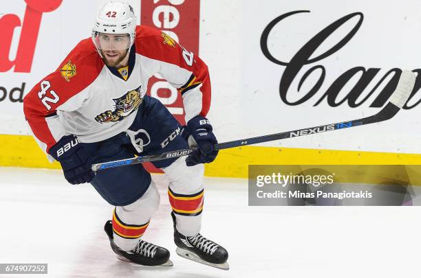 Quinton Howden of the Florida Panthers plays in the game against the Ottawa Senators at Canadian Tire Centre on April 7, 2016 in Ottawa, Ontario,...