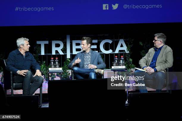 Filmmaker Neil Burger, writer Sam Lake and moderator Chris Suellentrop speak at the Tribeca Games Festival during Tribeca Film Festival at Spring...